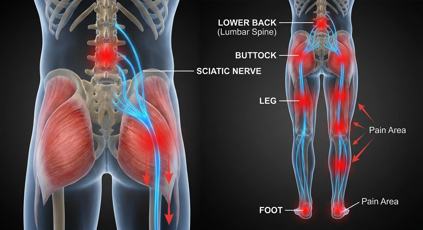 Sciatica pain areas showing the lower back, buttock, leg and foot regions affected by sciatic nerve compression
