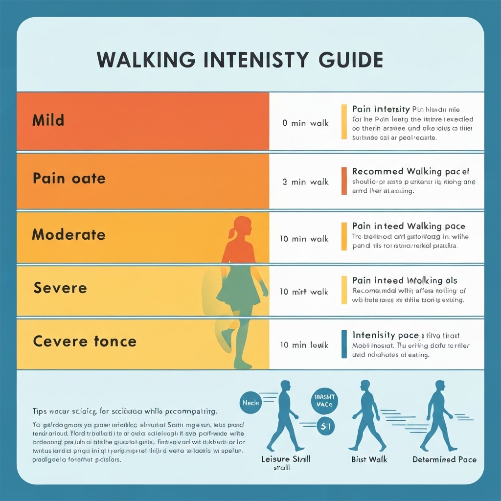 Walking intensity guide for sciatica pain levels, mild moderate severe, infographic style