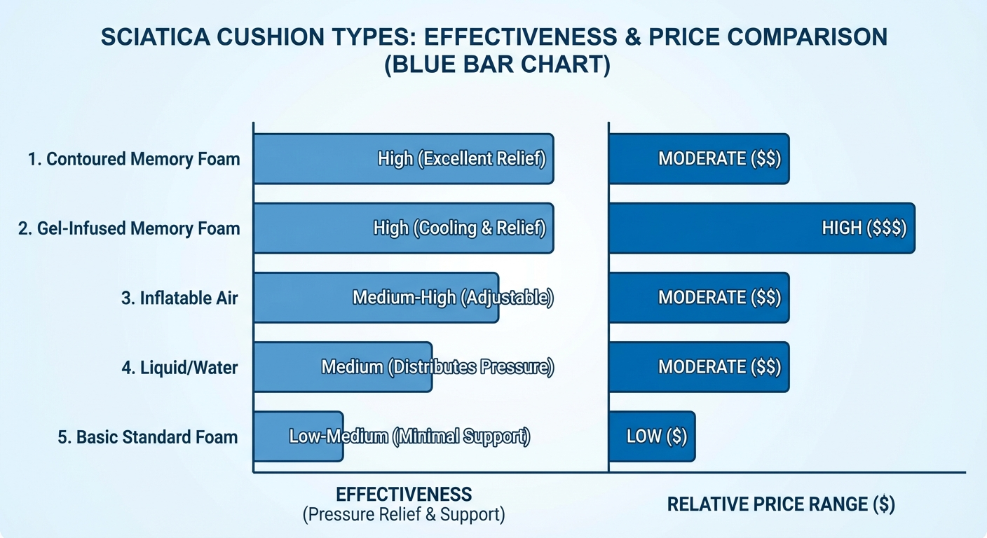 Cushion effectiveness ranked — memory foam coccyx design leads on every clinical metric