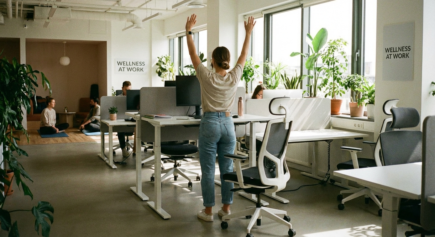 Person alternating between sitting and standing at an ergonomic desk setup with a standing desk