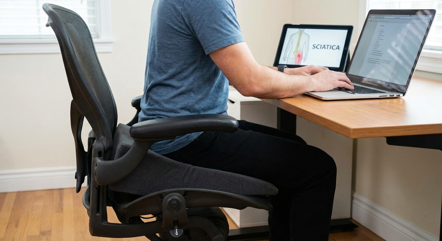 The wedge tilts the pelvis forward, naturally decompressing L4-S1 — best for desk workers