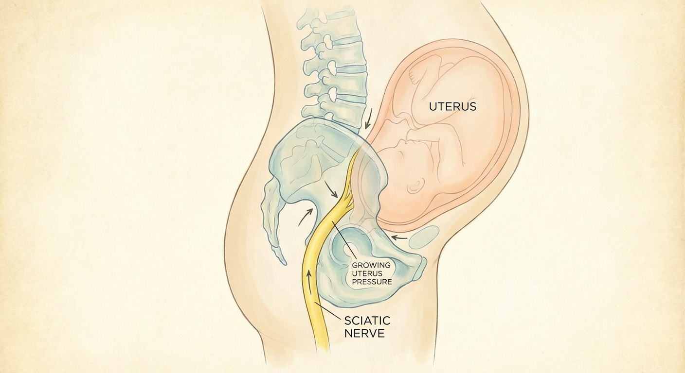 Three pregnancy factors causing sciatica: weight gain, hormonal changes, and baby position