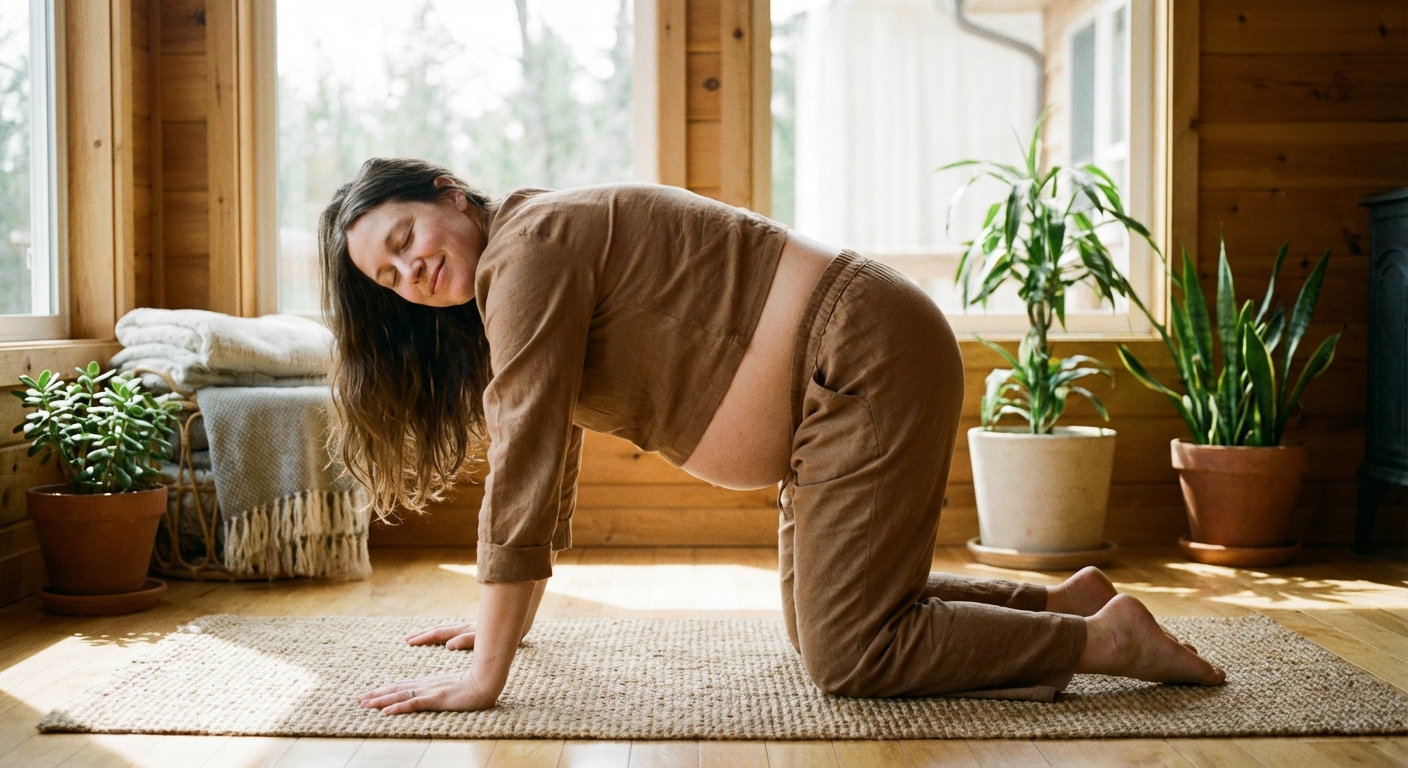 Pregnant woman doing cat-cow stretch on yoga mat for sciatica relief